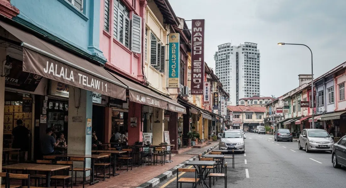 Jalan Telawi 1 en Bangsar Baru al atardecer, fachadas de shophouses, coches estacionados y mesas de café bajo la luz tropical húmeda
