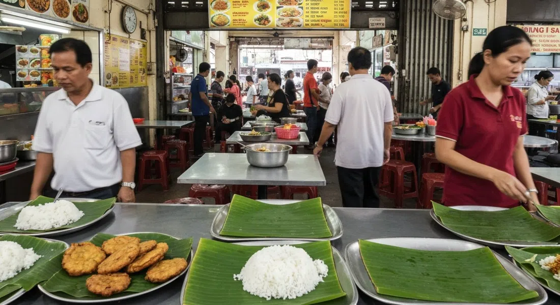 Sri Nirwana Maju en Jalan Telawi 3 durante la hora del almuerzo, bandejas de arroz con banana leaf, fried bitter gourd y personal moviéndose por un comedor abarrotado y sin lujos