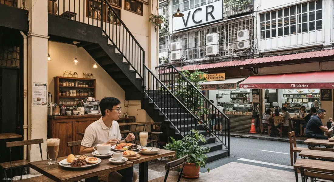 VCR en Jalan Telawi 3, interior de café de shophouse de varios pisos con café de especialidad, platos de brunch y luz del día filtrándose por las escaleras