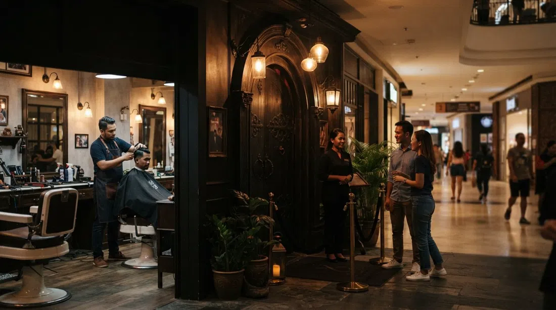 Three X Co escondido detrás de una barbería en funcionamiento dentro de Bangsar Shopping Centre, entrada misteriosa de speakeasy y luz cálida de bar de cócteles