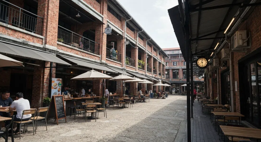 APW Bangsar en Jalan Riong, el patio de la antigua imprenta con mesas de café, puestos de mercado creativo y texturas de ladrillo industrial a la luz del día
