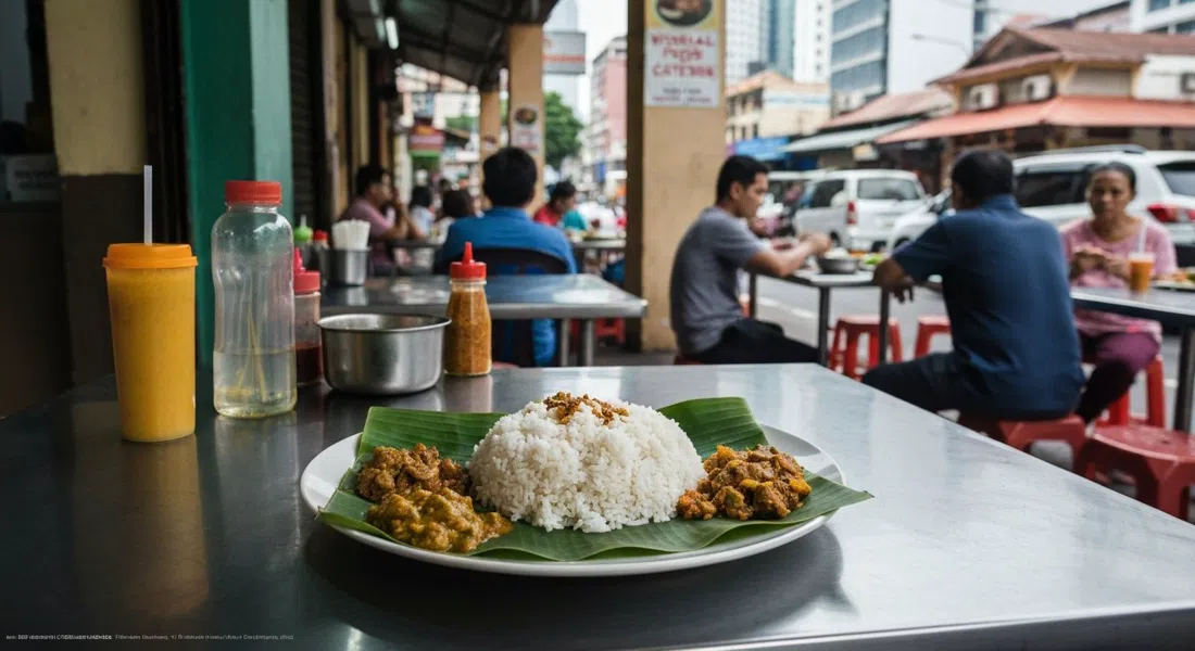 un almuerzo en hoja de plátano en Vishal Food & Catering en Jalan Scott, arroz y curries esparcidos sobre una hoja verde en una mesa de acero inoxidable durante la hora punta del almuerzo