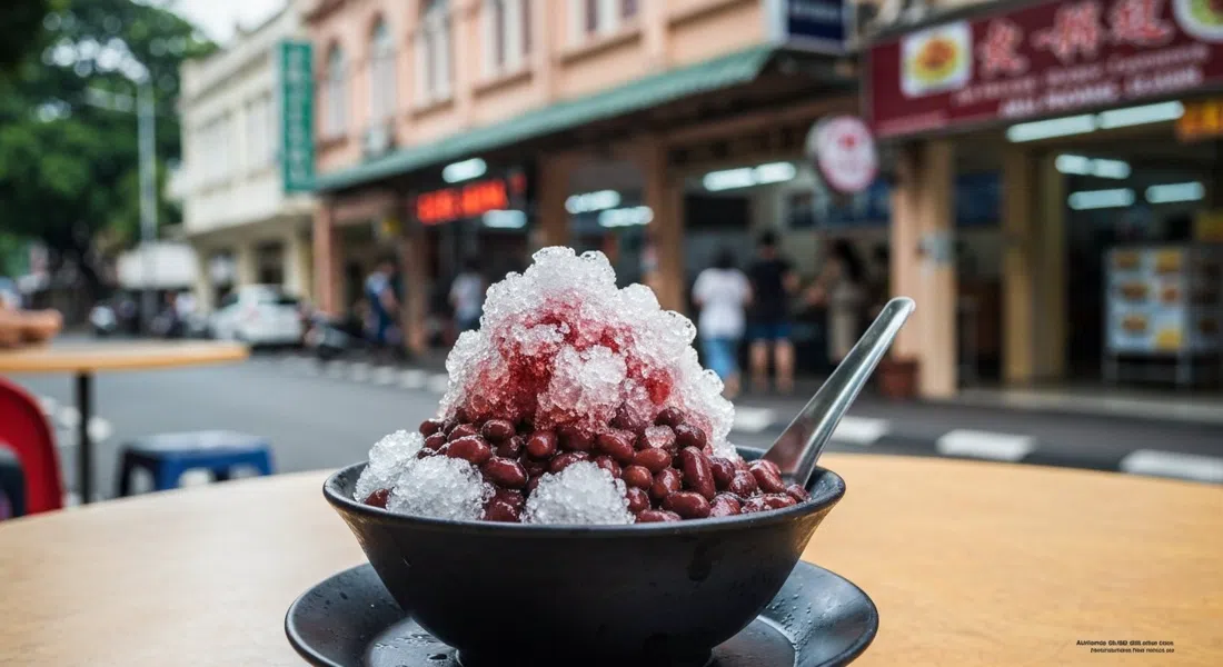 un tazón helado de ais kacang en Ah Keong's ABC & Cendol en Jalan Padang Belia, hielo picado, frijoles rojos y jarabe en un primer plano de mesa