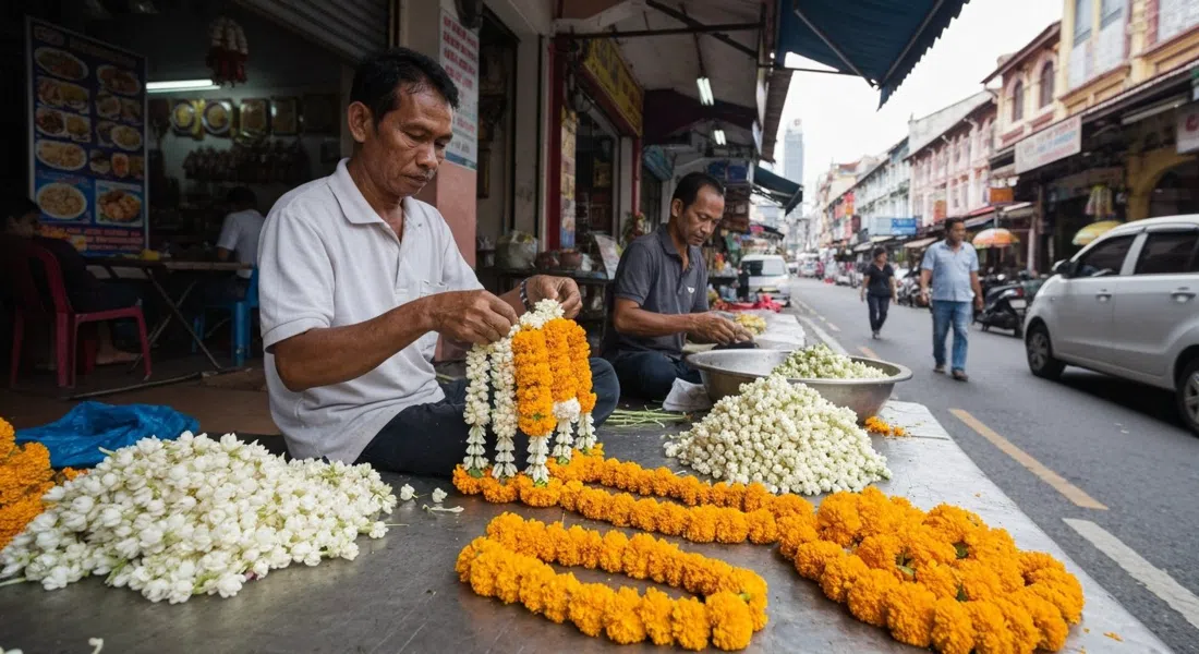 guirnalderos fuera de un templo en Brickfields ensartando jazmín fresco y caléndula en largas cuerdas de flores, primer plano a nivel de calle