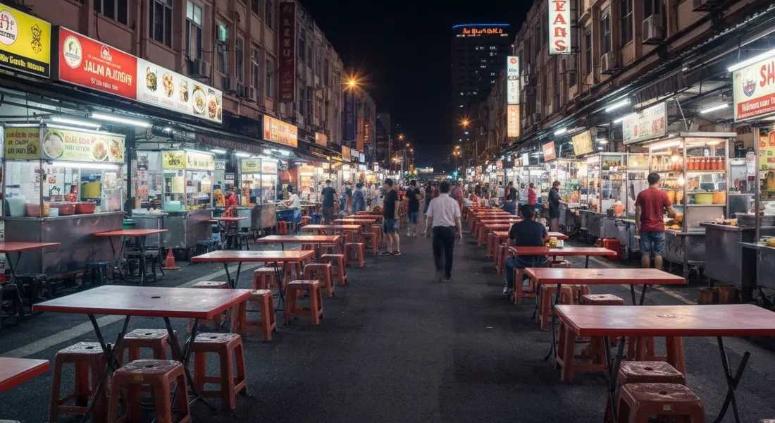 Jalan Alor bei Nacht mit Reihen von Plastiktischen, glühendem Grillrauch und Hawker-Ständen unter Neonschildern