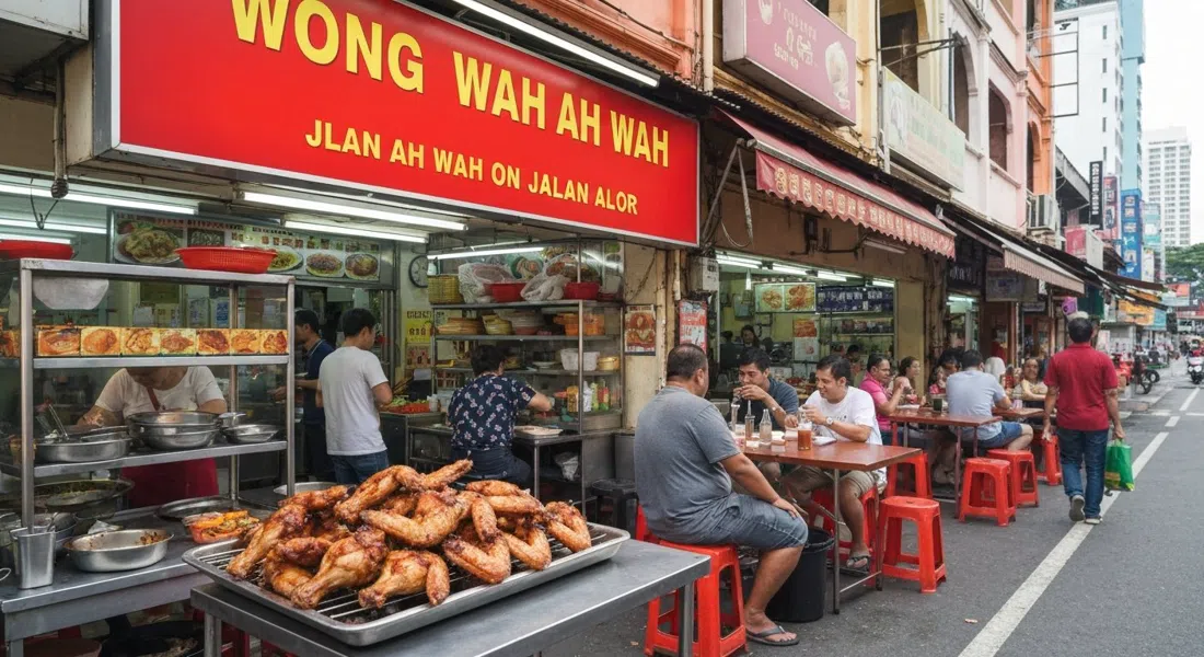 Wong Ah Wah auf der Jalan Alor mit einem Teller Holzkohle-BBQ-Chicken Wings und Gästen unter leuchtend roter Beschilderung