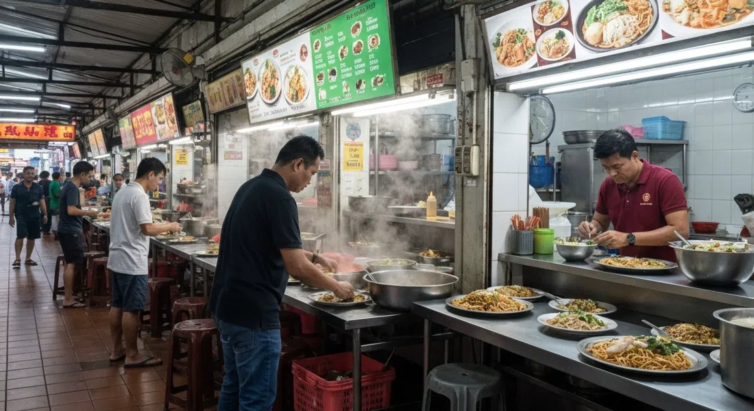 die Food Court im Untergeschoss von Lot 10 Hutong mit Dampf, der von den Hawker-Theken aufsteigt, und Tellern mit Hokkien Mee
