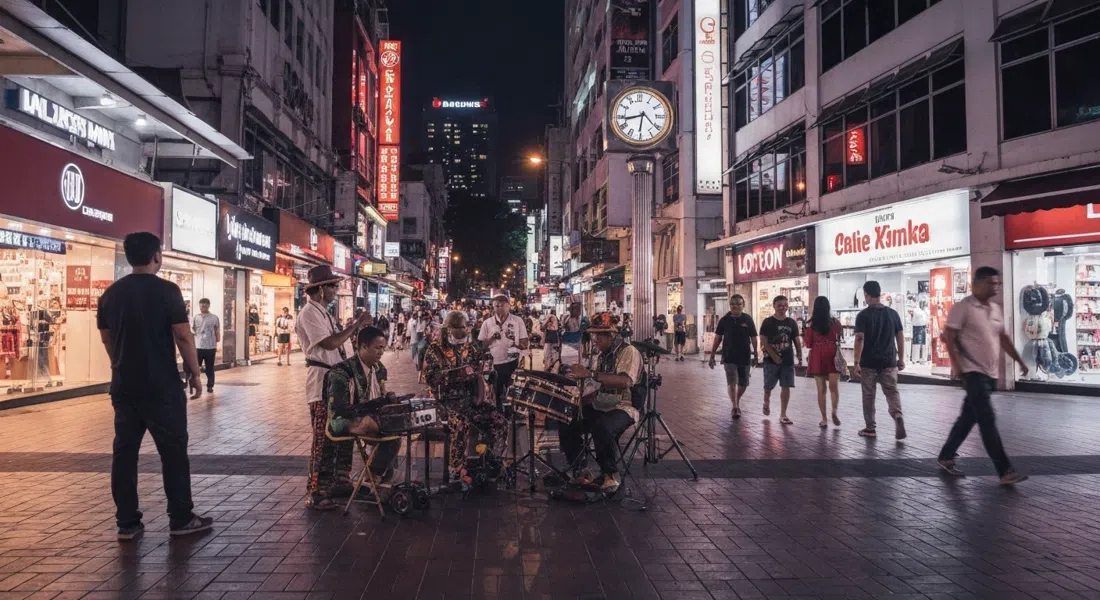 Straßenmusiker treten nach Einbruch der Dunkelheit auf dem Fußgängerbereich der Jalan Bukit Bintang in der Nähe von Lot 10 auf, mit neongeschmückten Ladenfronten und vorbeieilenden Käufern