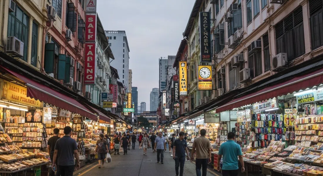 Jalan Petaling bajo su toldo rojo y verde al anochecer, puestos de imitaciones iluminados y multitudes moviéndose por el estrecho carril del mercado