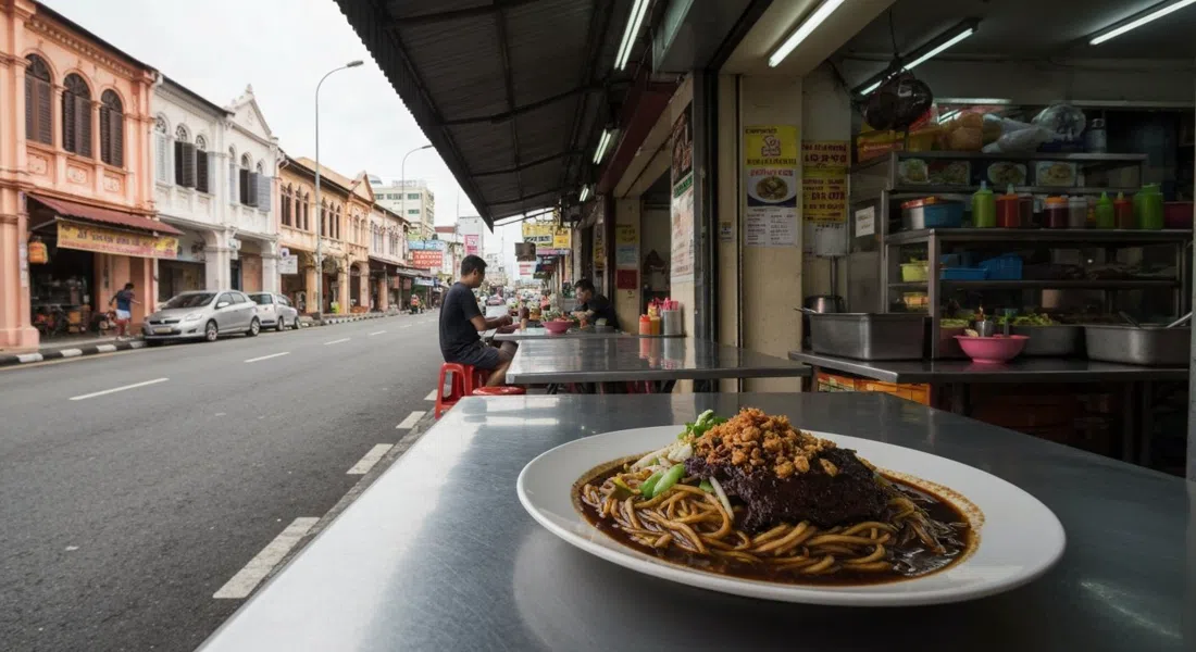 el puesto al aire libre de Restoran Kim Lian Kee en la esquina de Jalan Petaling y Jalan Hang Lekir, con brillantes Hokkien mee oscuros sobre una mesa y la calle detrás