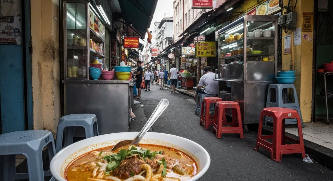 un cuenco de curry laksa de los puestos de Madras Lane en el callejón del mercado húmedo, con taburetes de plástico y el ambiente apretado del callejón alrededor
