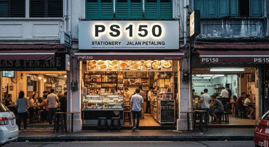 el frente de papelería de PS150 en Jalan Petaling, con una entrada discreta y luz cálida de bar que se derrama desde dentro por la noche