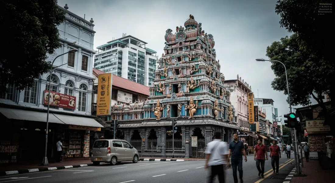 el ornamentado gopuram del templo Sri Mahamariamman en Jalan Tun H S Lee, deidades esculpidas elevándose sobre la calle a la luz del día