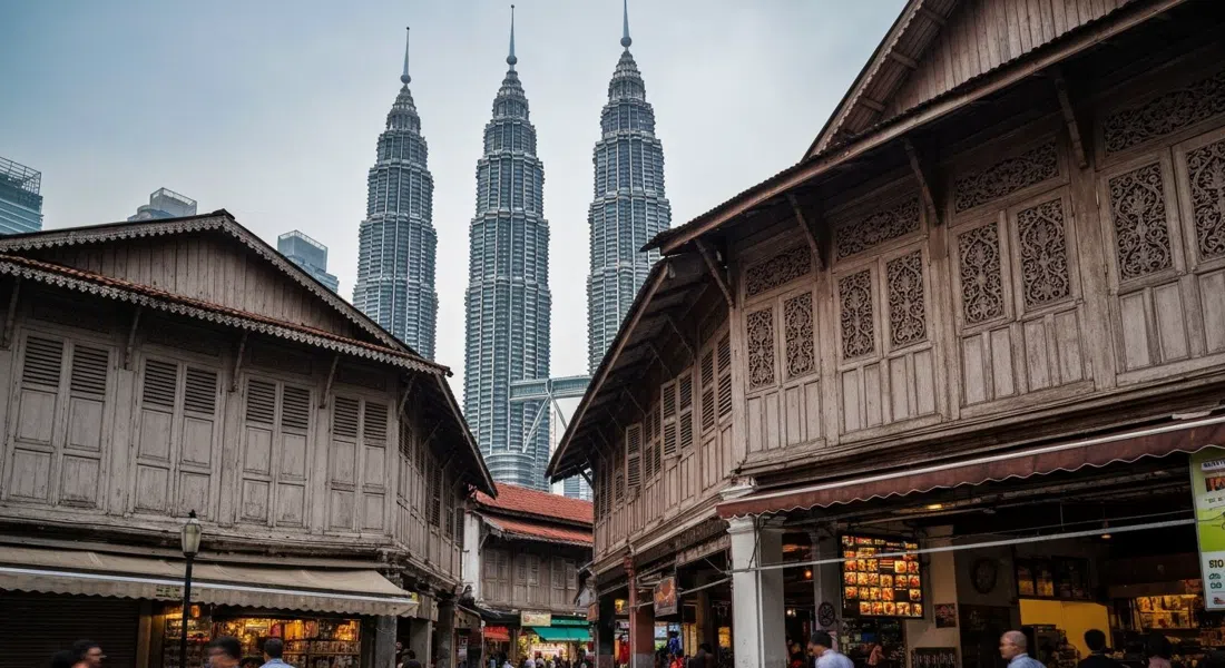 casas de madera de Kampung Baru con paneles tallados y ventanas de persianas, las Torres Gemelas Petronas elevándose detrás de ellas con luz de tarde