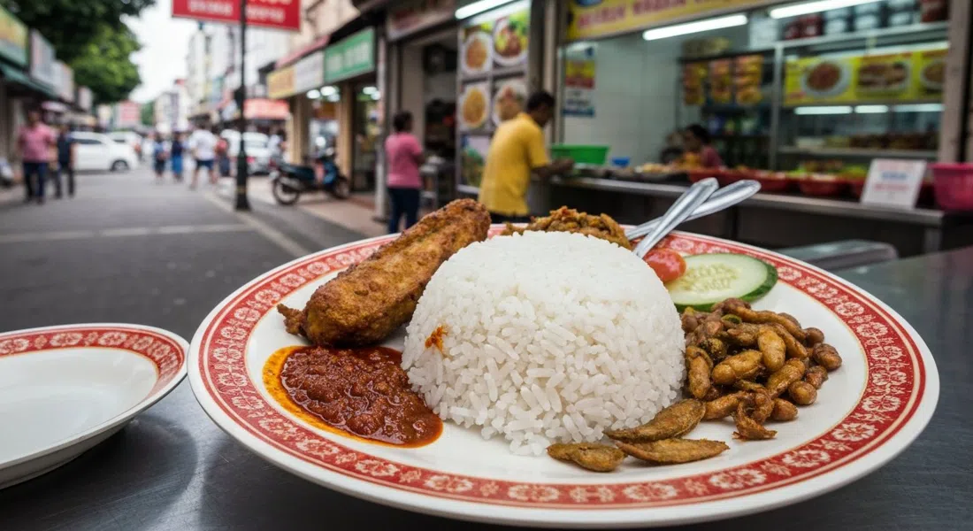un plato de nasi lemak paru y sotong en Nasi Lemak Wanjo, arroz con coco, sambal y acompañamientos dispuestos al estilo cafetería bajo luces brillantes de la tienda