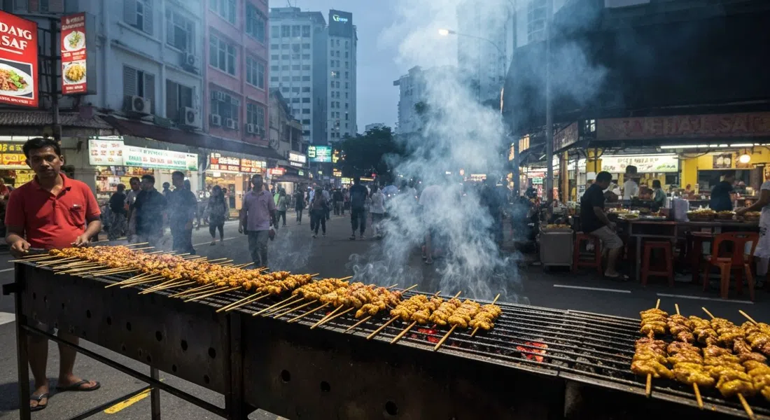 brochetas de satay asándose por la noche en Sate Padang Pak Saf cerca del cruce de Jalan Hassan Salleh, brochetas sobre carbón resplandeciente con humo flotando en la calle