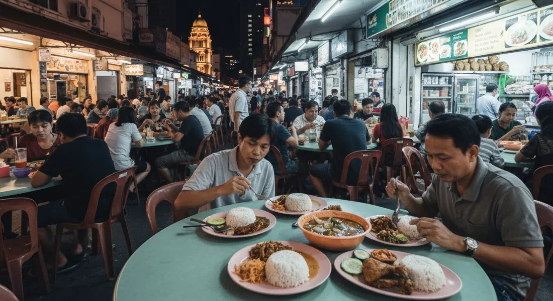 mesas llenas en Wan Suraya en Jalan Raja Alang, platos de nasi kerabu, ayam percik y nasi kukus bajo cálida luz nocturna