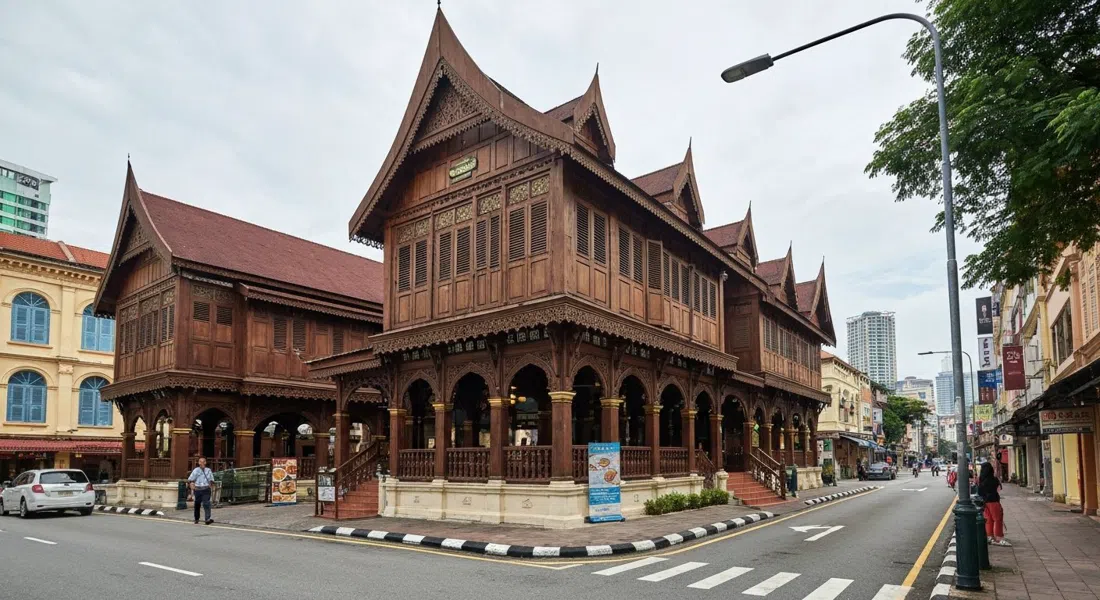 la réplica de madera del Sultan Sulaiman Club en Jalan Dewan Sultan Sulaiman, vista desde la calle con detalles arquitectónicos malayos tradicionales en luz suave del día