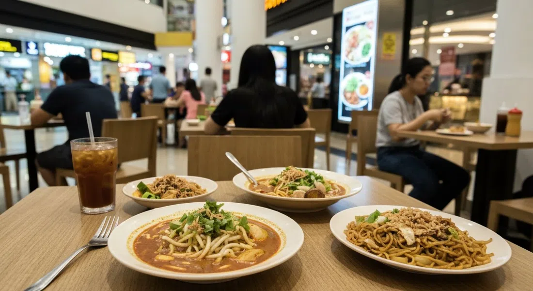 una mesa de laksa assam y char kway teow en Little Penang Kafe dentro de Suria KLCC, comedor informal de centro comercial con ambiente animado de almuerzo