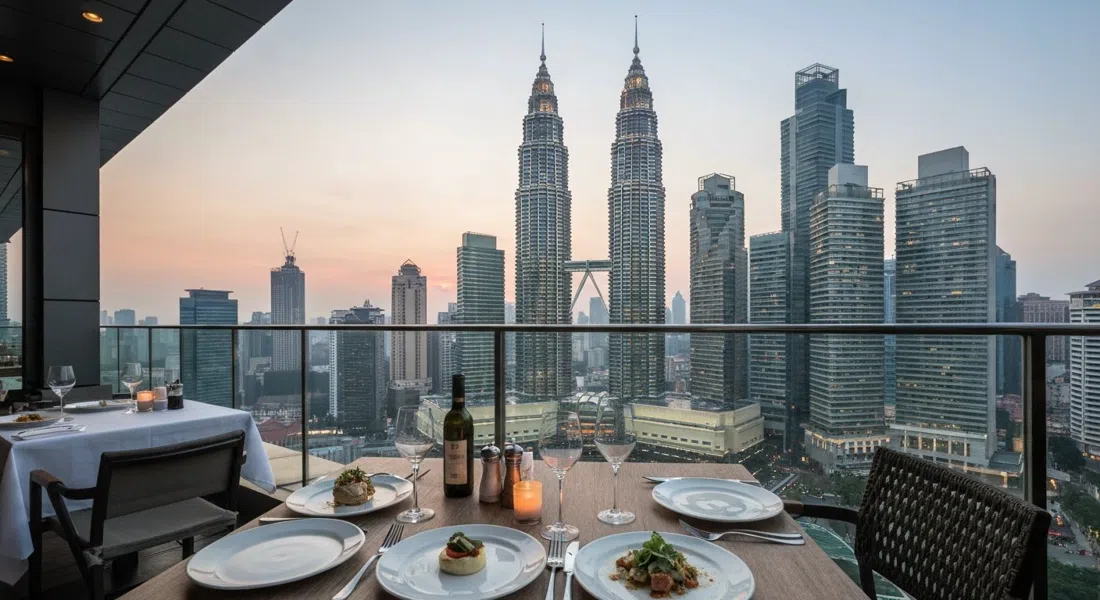 una mesa en la azotea de Marini's on 57 con las Torres Gemelas Petronas llenando la vista detrás de platos italianos contemporáneos al atardecer