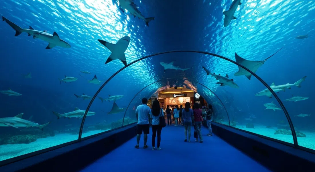 tiburones y rayas dentro del túnel de 90 metros en Aquaria KLCC, vistos a través del pasillo transparente con visitantes silueteados en luz azul